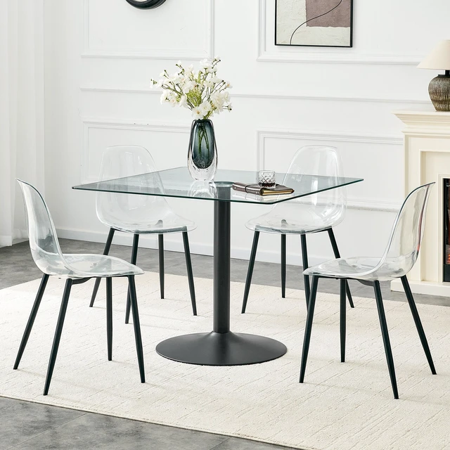 Alt view image 2 of 7 - Table and Chair Set 38.5 Inch Square Glass Dining Table with Single Column Metal Base Includes Plastic Chairs