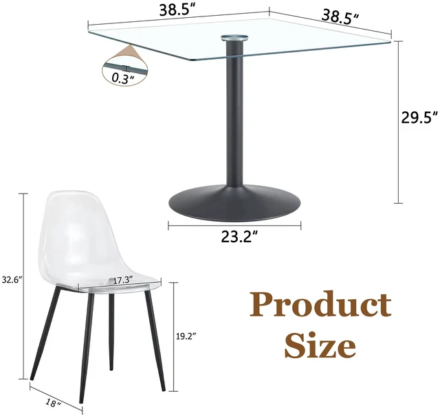 Alt view image 4 of 7 - Table and Chair Set 38.5 Inch Square Glass Dining Table with Single Column Metal Base Includes Plastic Chairs
