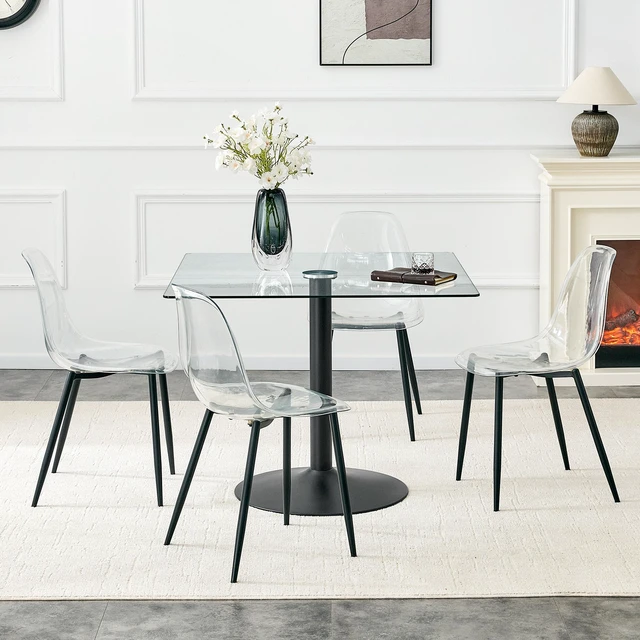 Alt view image 3 of 7 - Table and Chair Set 38.5 Inch Square Glass Dining Table with Single Column Metal Base Includes Plastic Chairs
