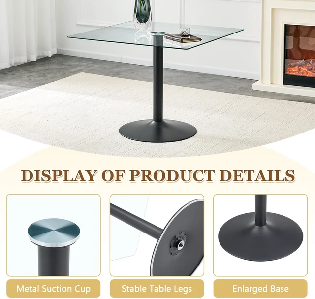 Alt view image 6 of 7 - Table and Chair Set 38.5 Inch Square Glass Dining Table with Single Column Metal Base Includes Plastic Chairs