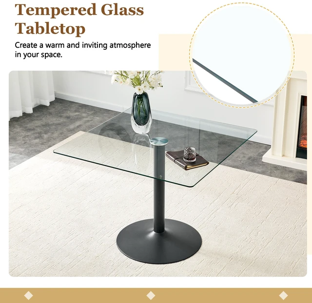 Alt view image 5 of 7 - Table and Chair Set 38.5 Inch Square Glass Dining Table with Single Column Metal Base Includes Plastic Chairs