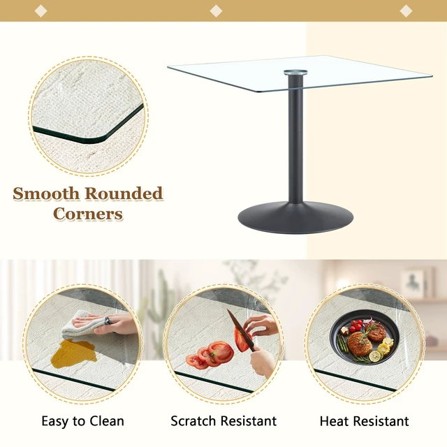 Alt view image 7 of 7 - Table and Chair Set 38.5 Inch Square Glass Dining Table with Single Column Metal Base Includes Plastic Chairs