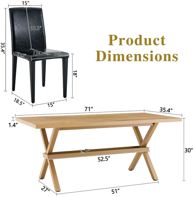 Alt view image 4 of 7 - Table and Chair Set 71 35.4 Inch Wood Grain MDF Splicing Desktop with Shaped Metal Frame Dining Table Includes Dining