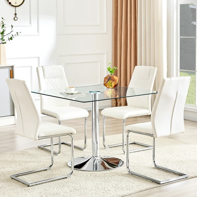 Alt view image 3 of 7 - Table and Chair Set 38.5 Inch Square Glass Dining Table with Silver Metal Base Paired with High Chairs with Arched