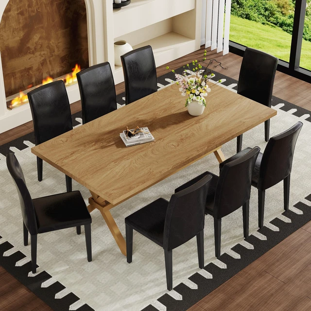 Alt view image 2 of 7 - Table and Chair Set 71 35.4 Inch Wood Grain MDF Splicing Desktop with Shaped Metal Frame Dining Table Includes Dining