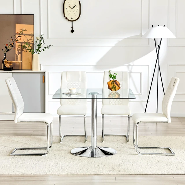 Alt view image 2 of 7 - Table and Chair Set 38.5 Inch Square Glass Dining Table with Silver Metal Base Paired with High Chairs with Arched