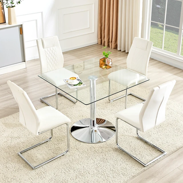 Main image of Table and Chair Set 38.5 Inch Square Glass Dining Table with Silver Metal Base Paired with High Chairs with Arched