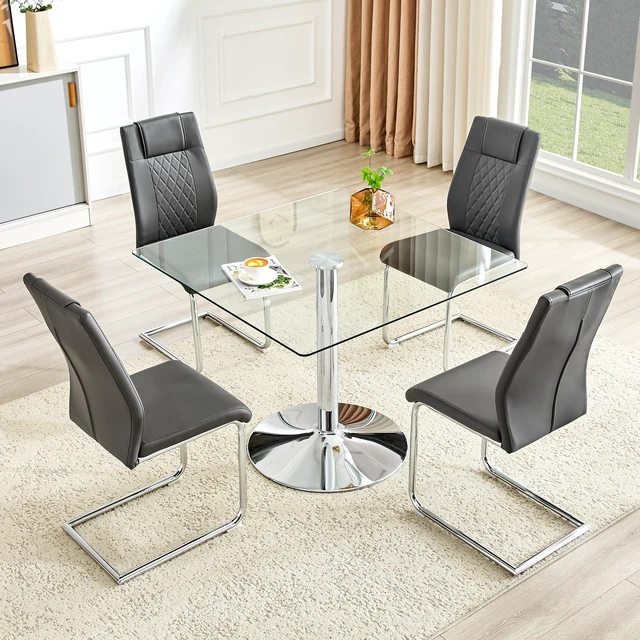 Alt view image 2 of 7 - Table and Chair Set 38.5 Inch Square Glass Dining Table with Silver Metal Base Paired with High Chairs with Arched
