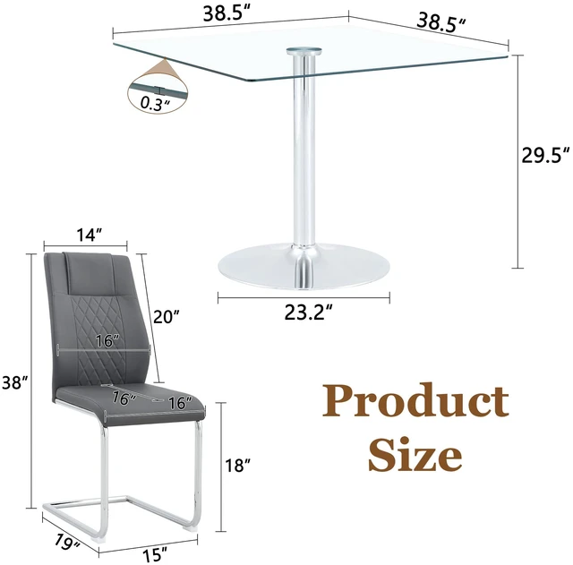 Alt view image 4 of 7 - Table and Chair Set 38.5 Inch Square Glass Dining Table with Silver Metal Base Paired with High Chairs with Arched