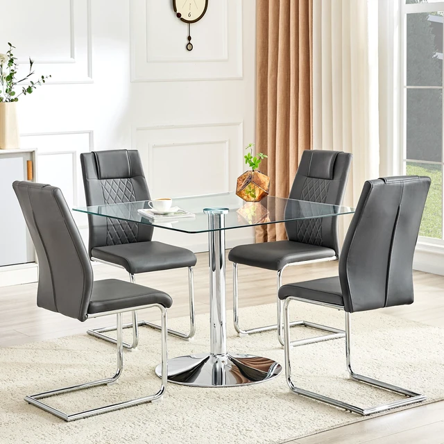 Alt view image 3 of 7 - Table and Chair Set 38.5 Inch Square Glass Dining Table with Silver Metal Base Paired with High Chairs with Arched