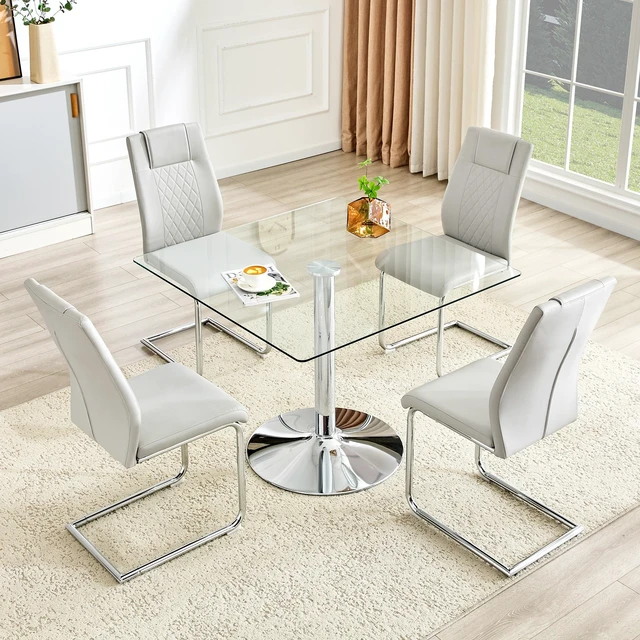 Main image of Table and Chair Set 38.5 Inch Square Glass Dining Table with Silver Metal Base Paired with 4 Light High Chairs