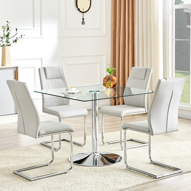 Alt view image 2 of 7 - Table and Chair Set 38.5 Inch Square Glass Dining Table with Silver Metal Base Paired with 4 Light High Chairs