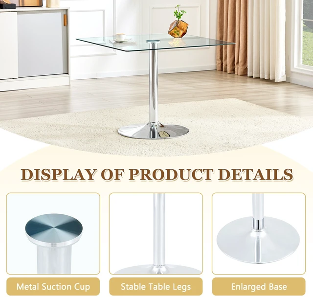 Alt view image 6 of 7 - Table and Chair Set 38.5 Inch Square Glass Dining Table with Silver Metal Base Paired with 4 Light High Chairs