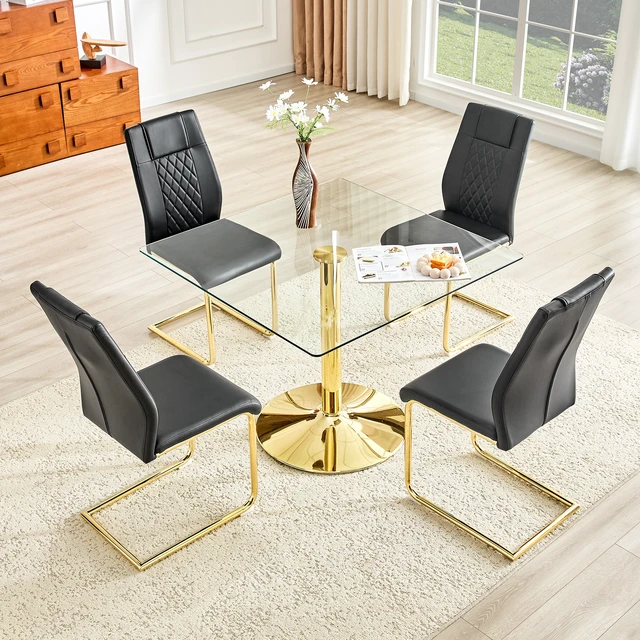 Alt view image 3 of 7 - Table and Chair Set 38.5 Inch Square Glass Dining Table with Gold Metal Base Paired with High Chairs with Arched Metal