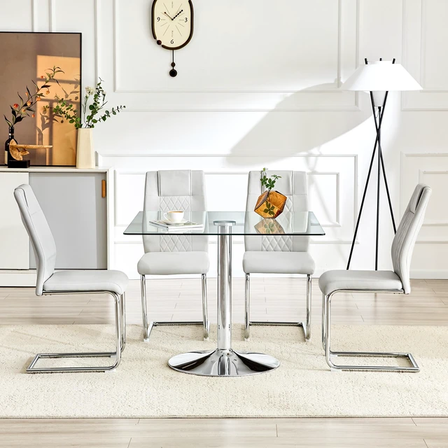 Alt view image 3 of 7 - Table and Chair Set 38.5 Inch Square Glass Dining Table with Silver Metal Base Paired with 4 Light High Chairs