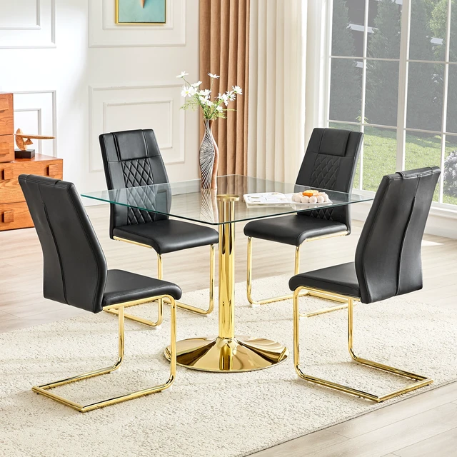 Alt view image 2 of 7 - Table and Chair Set 38.5 Inch Square Glass Dining Table with Gold Metal Base Paired with High Chairs with Arched Metal