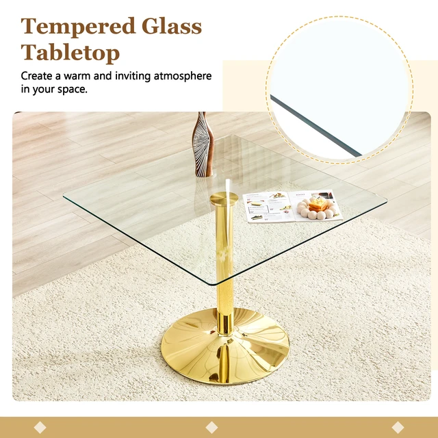 Alt view image 5 of 7 - Table and Chair Set 38.5 Inch Square Glass Dining Table with Gold Metal Base Paired with High Chairs with Arched Metal