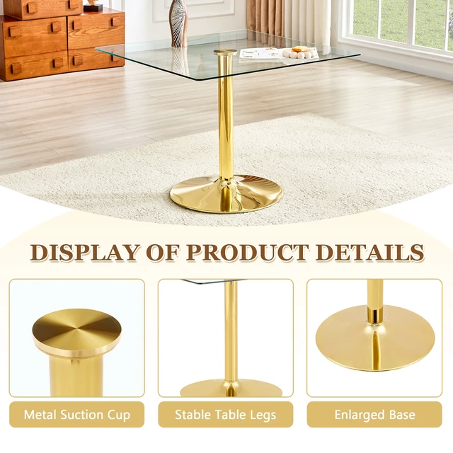 Alt view image 6 of 7 - Table and Chair Set 38.5 Inch Square Glass Dining Table with Gold Metal Base Paired with High Chairs with Arched Metal