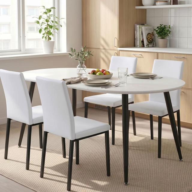 Alt view image 2 of 7 - Pull Table Dining Chair Set, Medium Density Fiberboard Tabletop with Black Metal Table Legs Extendable Pull Mid-Century