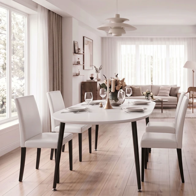 Alt view image 5 of 7 - Pull Table Dining Chair Set, Medium Density Fiberboard Tabletop with Black Metal Table Legs Extendable Pull Mid-Century