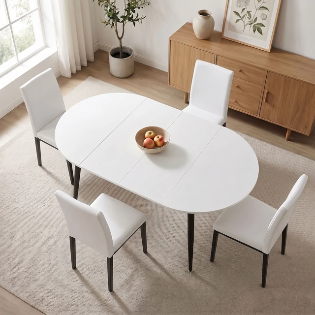 Alt view image 4 of 7 - Pull Table Dining Chair Set, Medium Density Fiberboard Tabletop with Black Metal Table Legs Extendable Pull Mid-Century