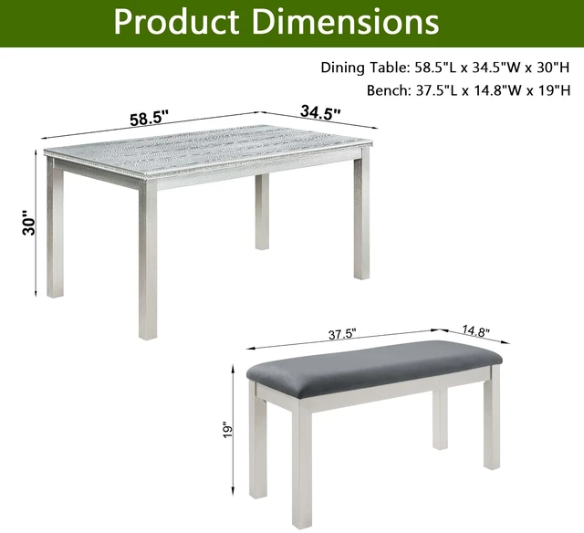 Alt view image 3 of 7 - 58.5 Inch Dining Table and Bench Set, Rectangle Kitchen Table with Beaded Edge and Upholstered Bench Distressed Gray