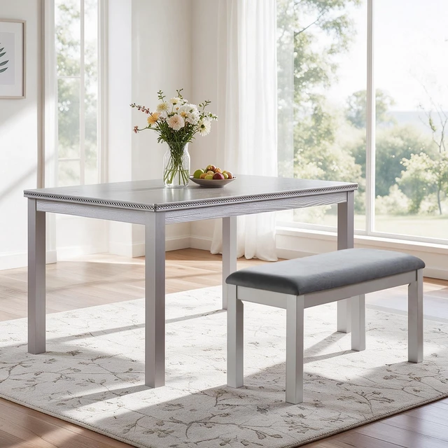 Main image of 58.5 Inch Dining Table and Bench Set, Rectangle Kitchen Table with Beaded Edge and Upholstered Bench Distressed Gray