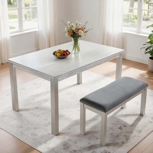 Alt view image 2 of 7 - 58.5 Inch Dining Table and Bench Set, Rectangle Kitchen Table with Beaded Edge and Upholstered Bench Distressed Gray