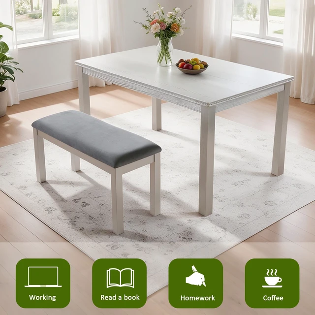 Alt view image 4 of 7 - 58.5 Inch Dining Table and Bench Set, Rectangle Kitchen Table with Beaded Edge and Upholstered Bench Distressed Gray