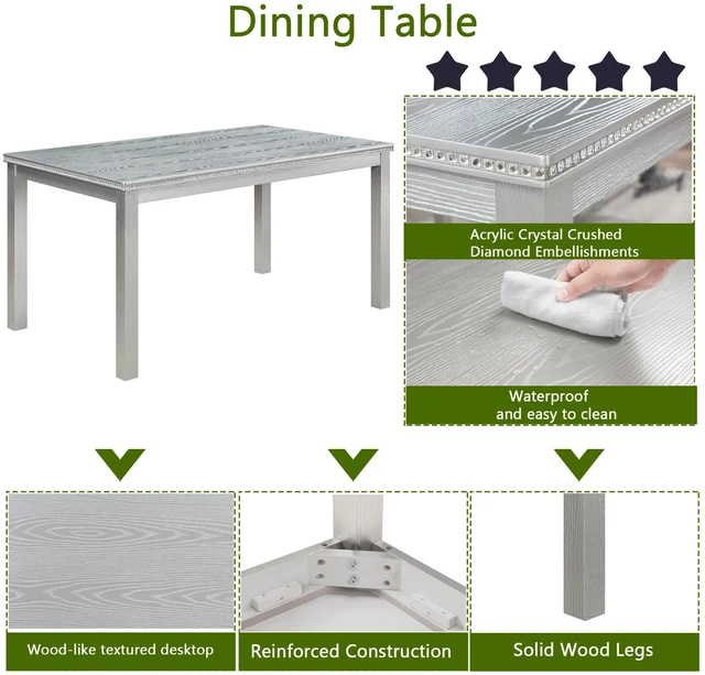 Alt view image 7 of 7 - 58.5 Inch Dining Table and Bench Set, Rectangle Kitchen Table with Beaded Edge and Upholstered Bench Distressed Gray