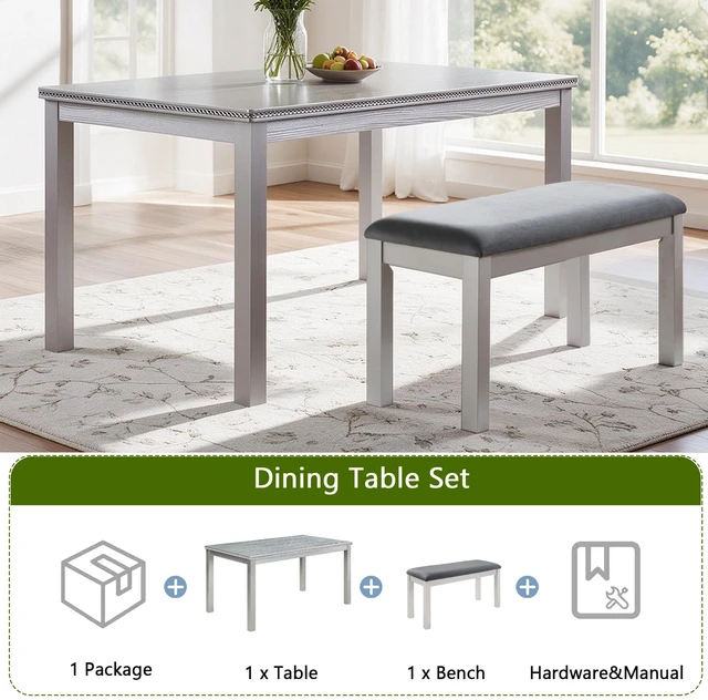 Alt view image 6 of 7 - 58.5 Inch Dining Table and Bench Set, Rectangle Kitchen Table with Beaded Edge and Upholstered Bench Distressed Gray