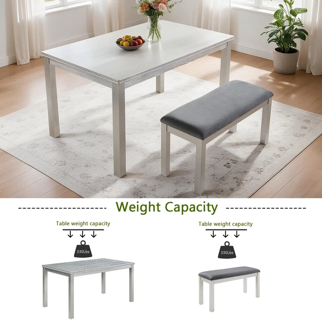 Alt view image 5 of 7 - 58.5 Inch Dining Table and Bench Set, Rectangle Kitchen Table with Beaded Edge and Upholstered Bench Distressed Gray