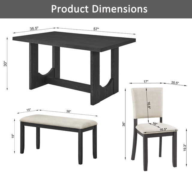 Alt view image 3 of 7 - 6 Piece Dining Table Set with Bench, Wooden Rectangular Kitchen Table Set with Bench and Upholstered Chairs for Living