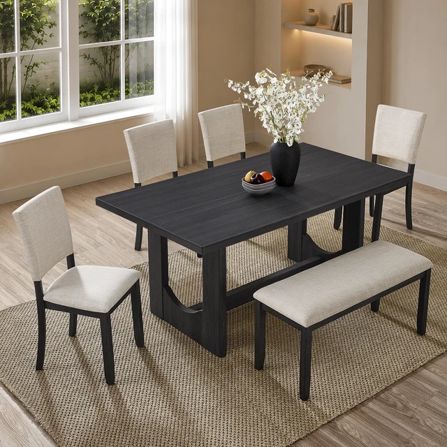 Alt view image 2 of 7 - 6 Piece Dining Table Set with Bench, Wooden Rectangular Kitchen Table Set with Bench and Upholstered Chairs for Living