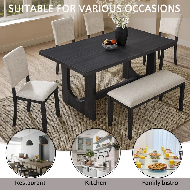 Alt view image 4 of 7 - 6 Piece Dining Table Set with Bench, Wooden Rectangular Kitchen Table Set with Bench and Upholstered Chairs for Living