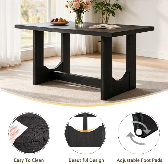Alt view image 6 of 7 - 6 Piece Dining Table Set with Bench, Wooden Rectangular Kitchen Table Set with Bench and Upholstered Chairs for Living
