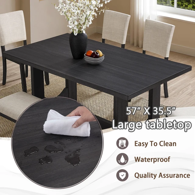 Alt view image 5 of 7 - 6 Piece Dining Table Set with Bench, Wooden Rectangular Kitchen Table Set with Bench and Upholstered Chairs for Living