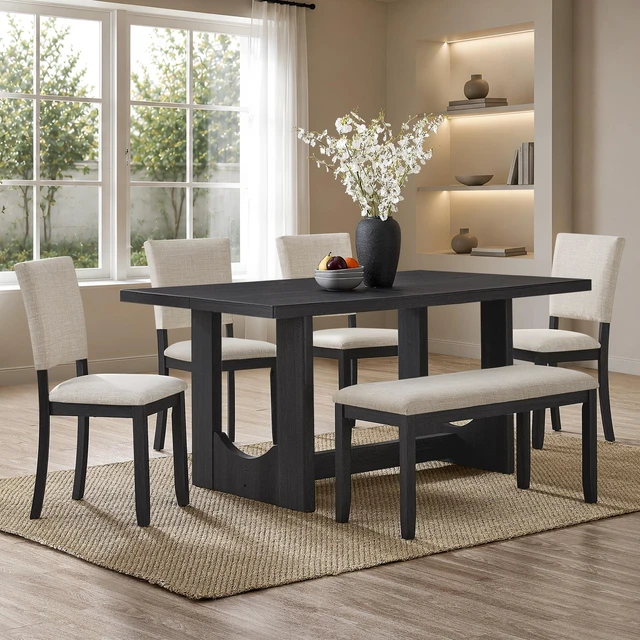 Main image of 6 Piece Dining Table Set with Bench, Wooden Rectangular Kitchen Table Set with Bench and Upholstered Chairs for Living