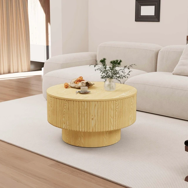 Main image of 29.53 Inch MDF Round Coffee Table and Dining Chairs Set, Ring Striped Design and Storage Space Dining Table and Black