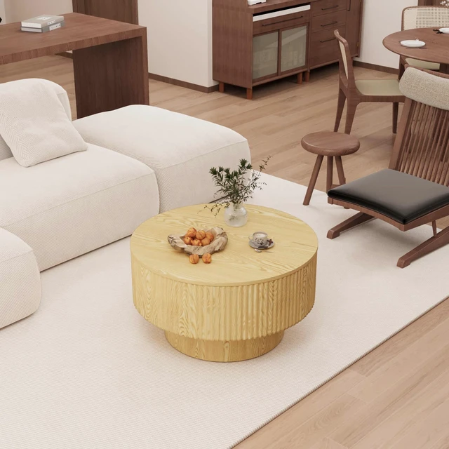 Alt view image 2 of 6 - 29.53 Inch MDF Round Coffee Table and Dining Chairs Set, Ring Striped Design and Storage Space Dining Table and Black