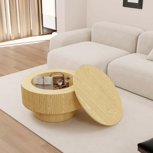 Alt view image 3 of 6 - 29.53 Inch MDF Round Coffee Table and Dining Chairs Set, Ring Striped Design and Storage Space Dining Table and Black