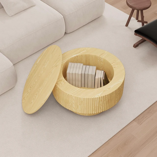 Alt view image 4 of 6 - 29.53 Inch MDF Round Coffee Table and Dining Chairs Set, Ring Striped Design and Storage Space Dining Table and Black