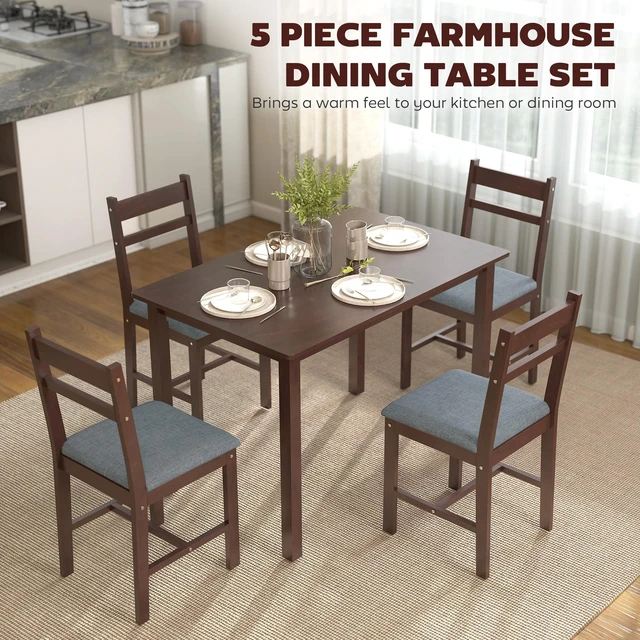 Alt view image 6 of 7 - 5 Piece Solid Dining Table Set, Kitchen Table with Upholstered Chairs for Small Space Dining Breakfast Nook, Walnut