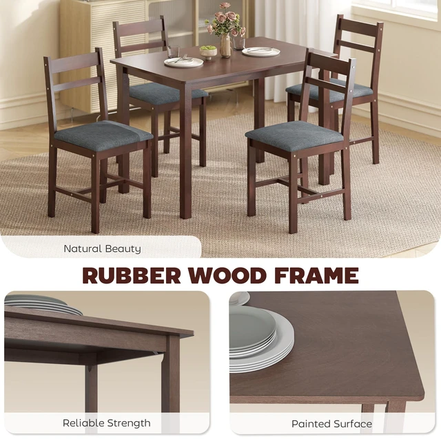 Alt view image 5 of 7 - 5 Piece Solid Dining Table Set, Kitchen Table with Upholstered Chairs for Small Space Dining Breakfast Nook, Walnut
