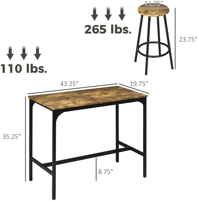 Alt view image 7 of 7 - 5 Piece Counter Height Bar Table Set, 43.25 Inch Dining Table with Bar Stools Kitchen with Wooden Top for Pub Dining