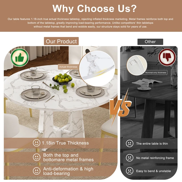 Alt view image 4 of 7 - 5 Piece Round Dining Table Set, 47 Inch Kitchen Table MDF Wood Grain 300 lb Capacity with Chair Carbon Steel Frame High