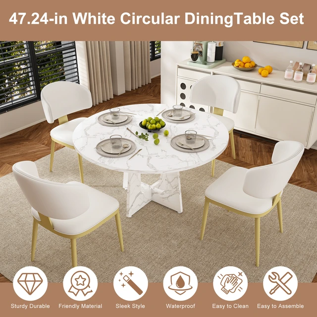 Alt view image 3 of 7 - 5 Piece Round Dining Table Set, 47 Inch Kitchen Table MDF Wood Grain 300 lb Capacity with Chair Carbon Steel Frame High