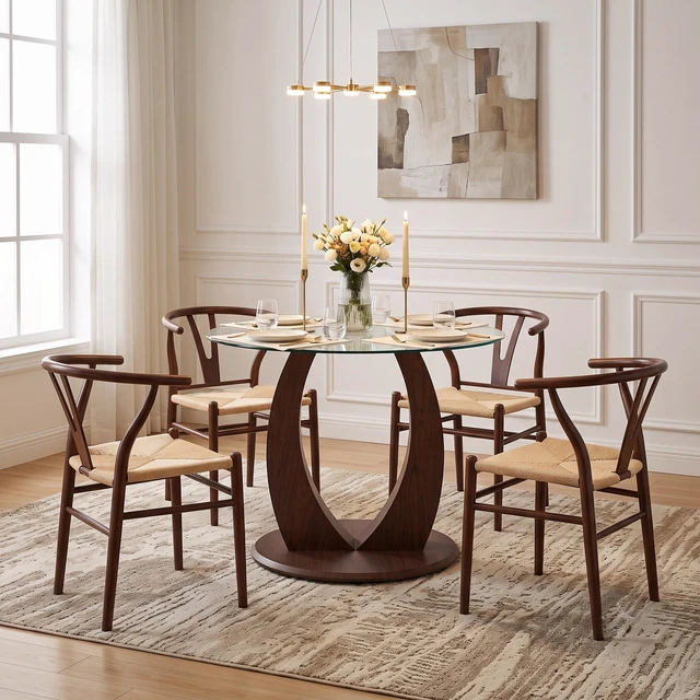 Main image of Table and Chair Set 38.6 Inch Glass Round Table, Paired with Four Uniquely Designed Dining Chairs with Coloer Metal