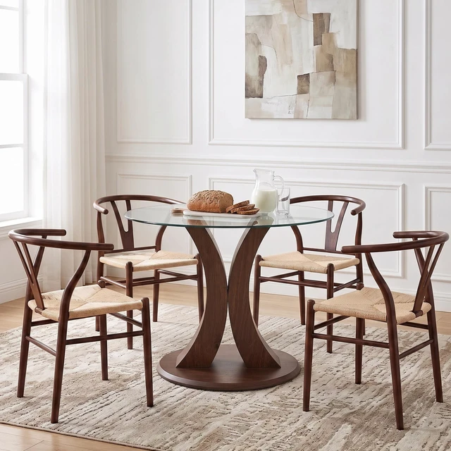 Alt view image 3 of 7 - Table and Chair Set 38.6 Inch Glass Round Table, Paired with Four Uniquely Designed Dining Chairs with Coloer Metal
