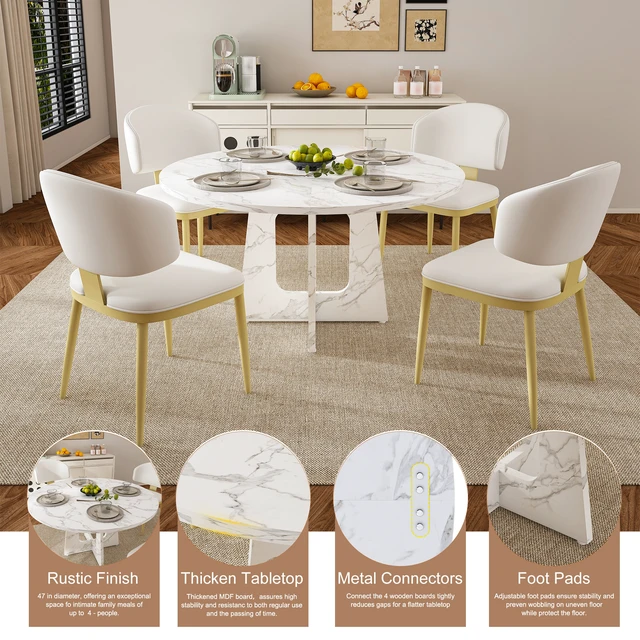 Alt view image 2 of 7 - 5 Piece Round Dining Table Set, 47 Inch Kitchen Table MDF Wood Grain 300 lb Capacity with Chair Carbon Steel Frame High